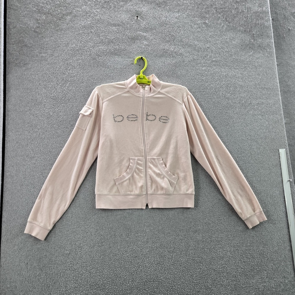 Bebe Women Jacket M Pink Logo Text Activewear Zipper Rhinestone Track READ